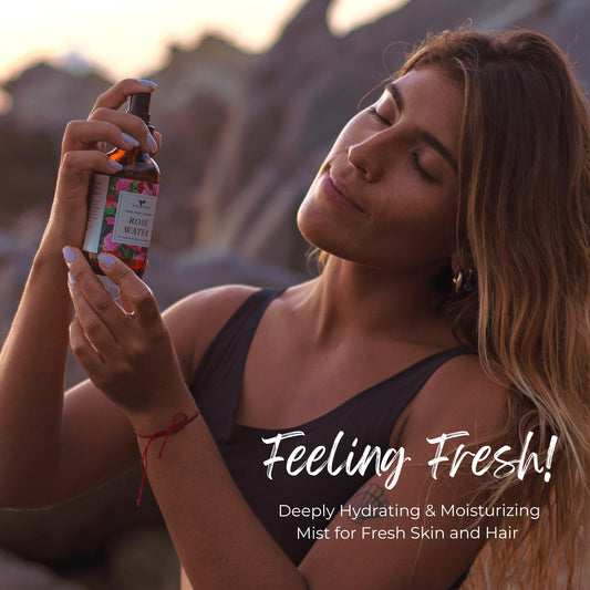 Baja Basics Rose Water Spray for Hair hydrates and refreshes curls.