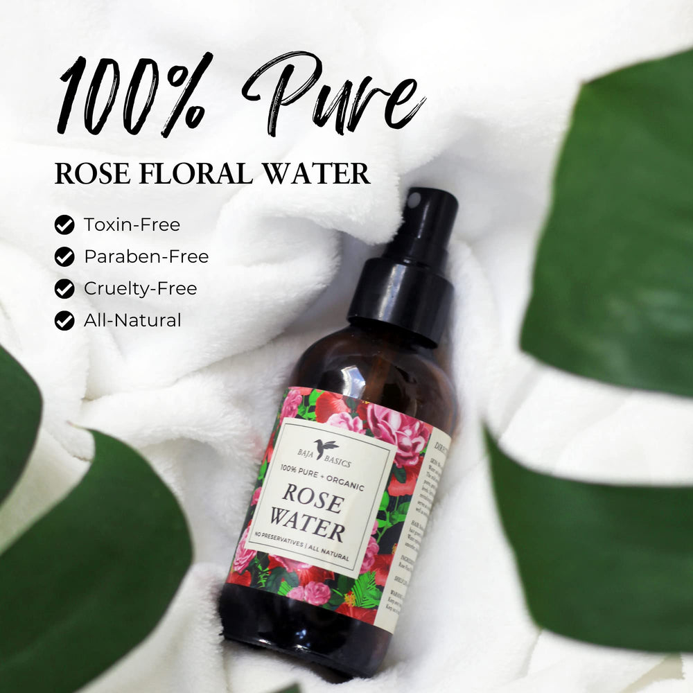 Baja Basics Rose Water Spray bottle used as a natural toner.