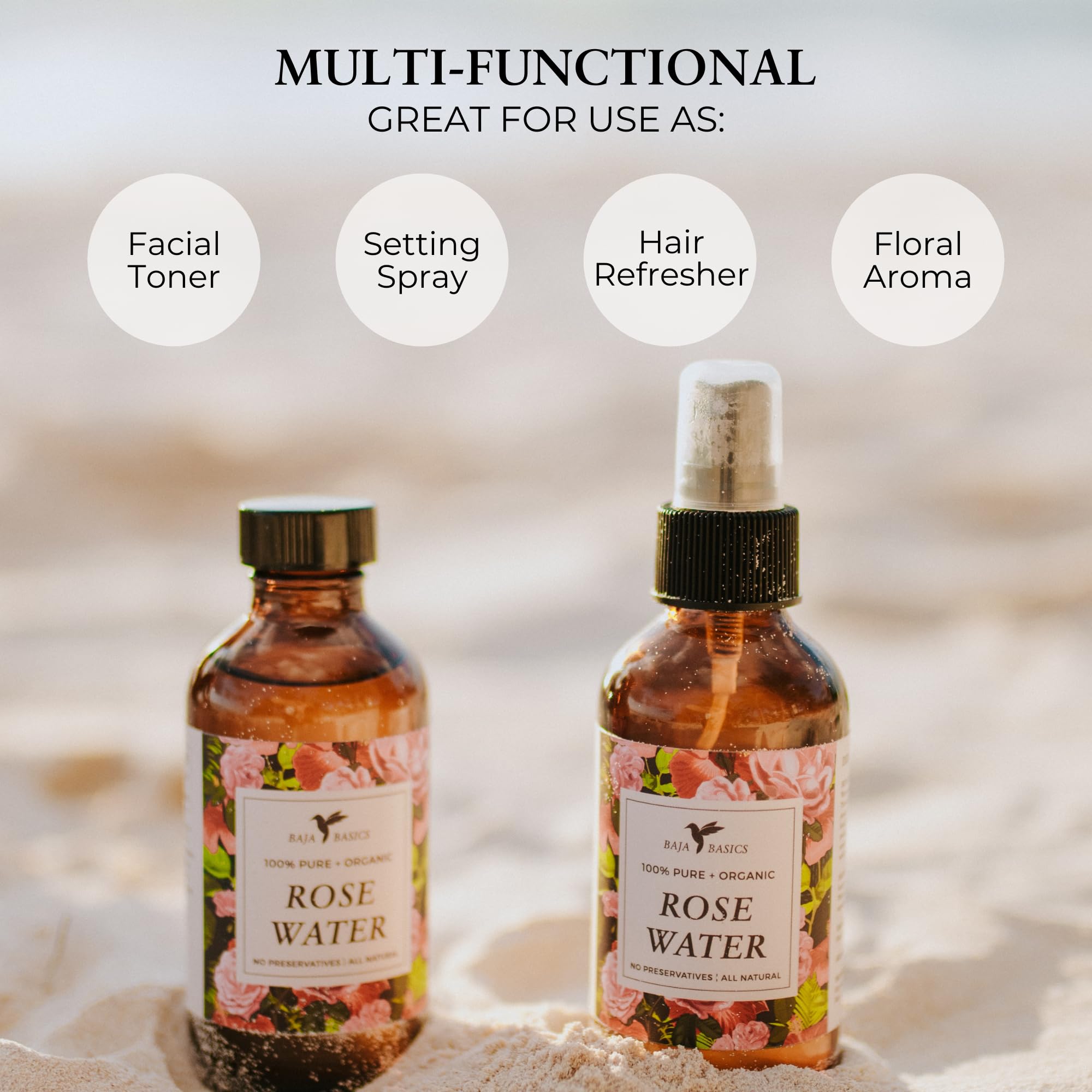 Baja Basics Rose Water Toner bottle offers versatile facial and hair mist.