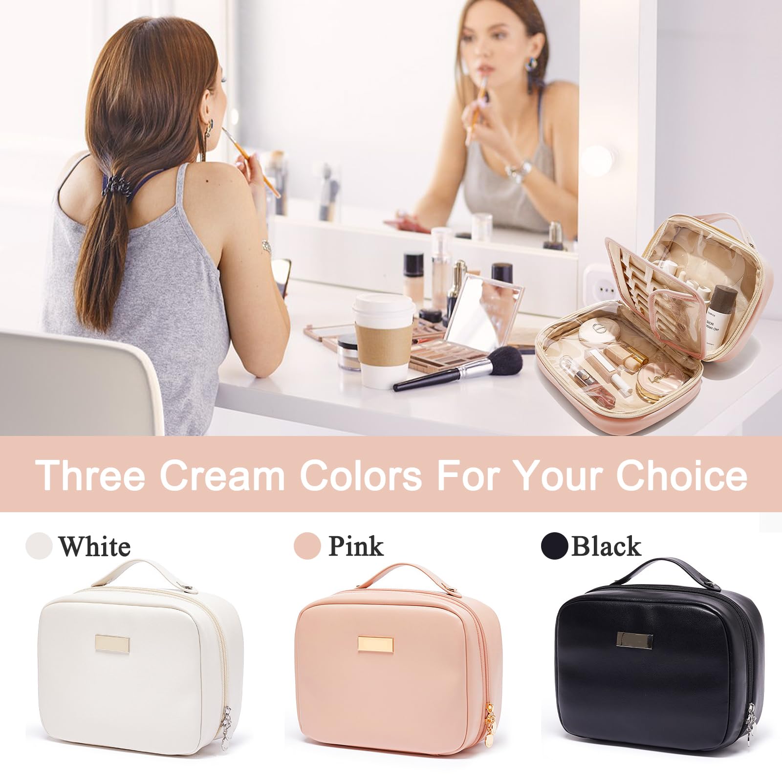 BAKLUCK double-layer organizer separates cosmetics for easy retrieval.