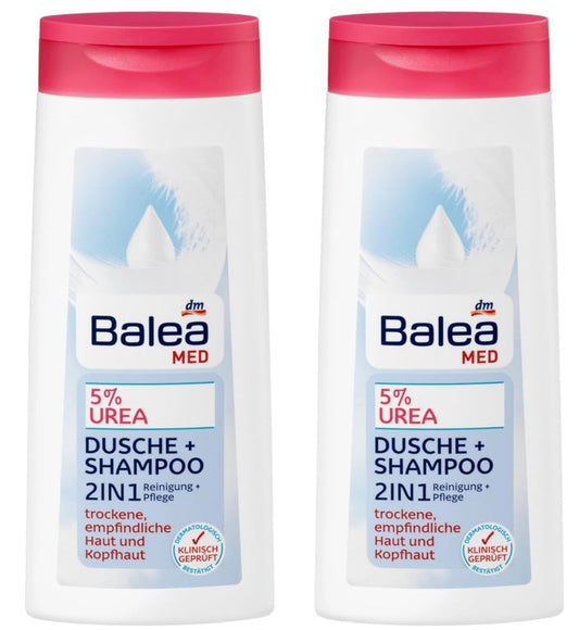 Balea Med Shower Gel 5% Urea 2-in-1 shower-shampoo bottle for daily cleansing and moisturization.