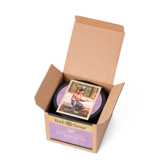 Bali Soap musky vanilla creamy chocolate body butter tub showing rich moisturizing formula.