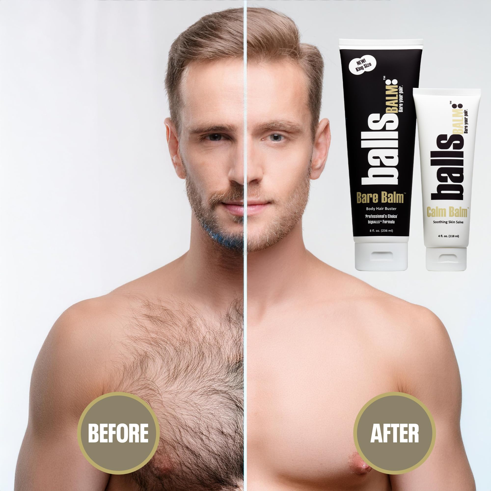 BallsBALM hair removal formula swirl highlights sensitive-skin friendly blend.