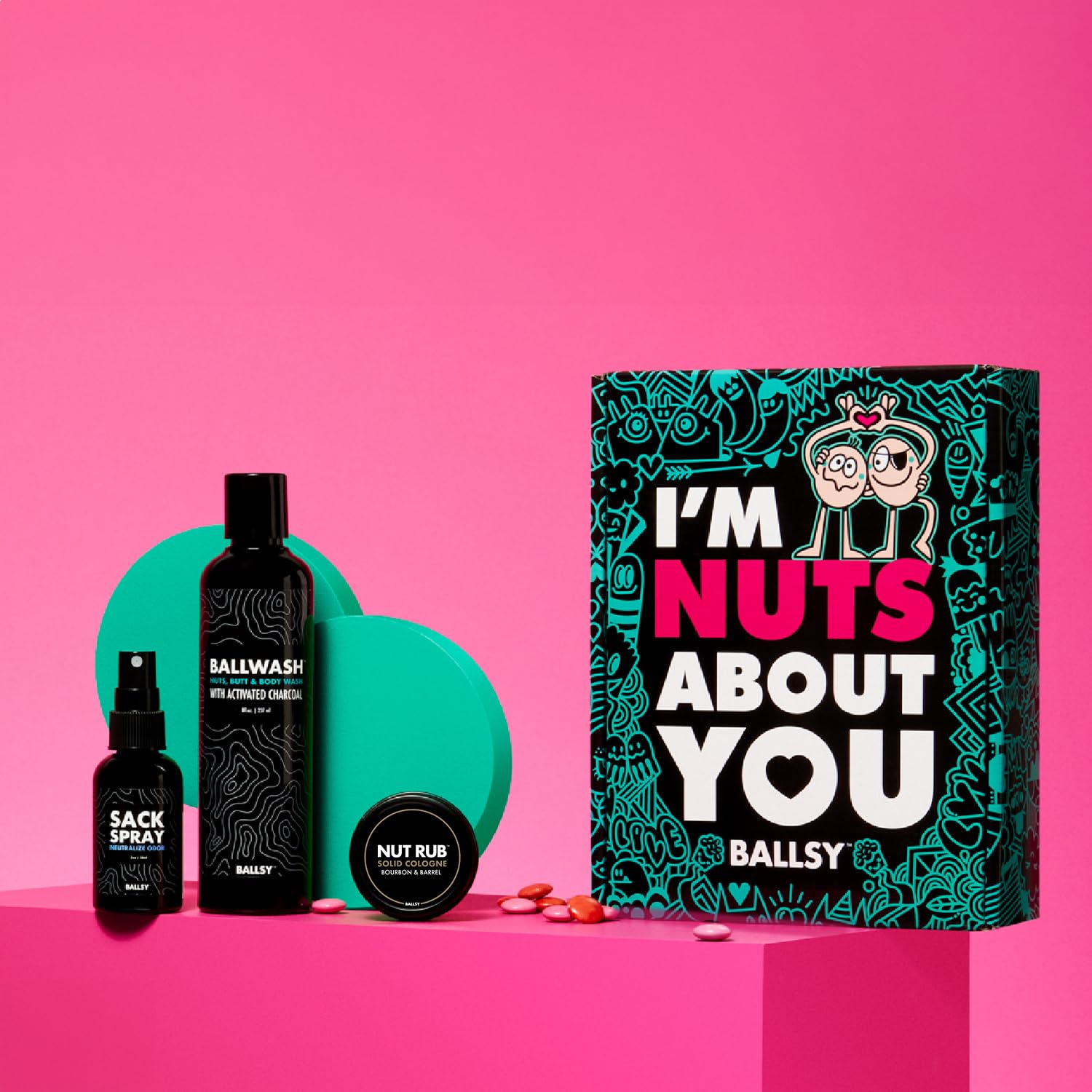 Ballsy Ballwash bottle displayed, delivers a clean, balanced scent daily.