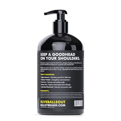 Close-up of Ballsy Goodhead Shampoo bottle showing sleek label and USA-made claim