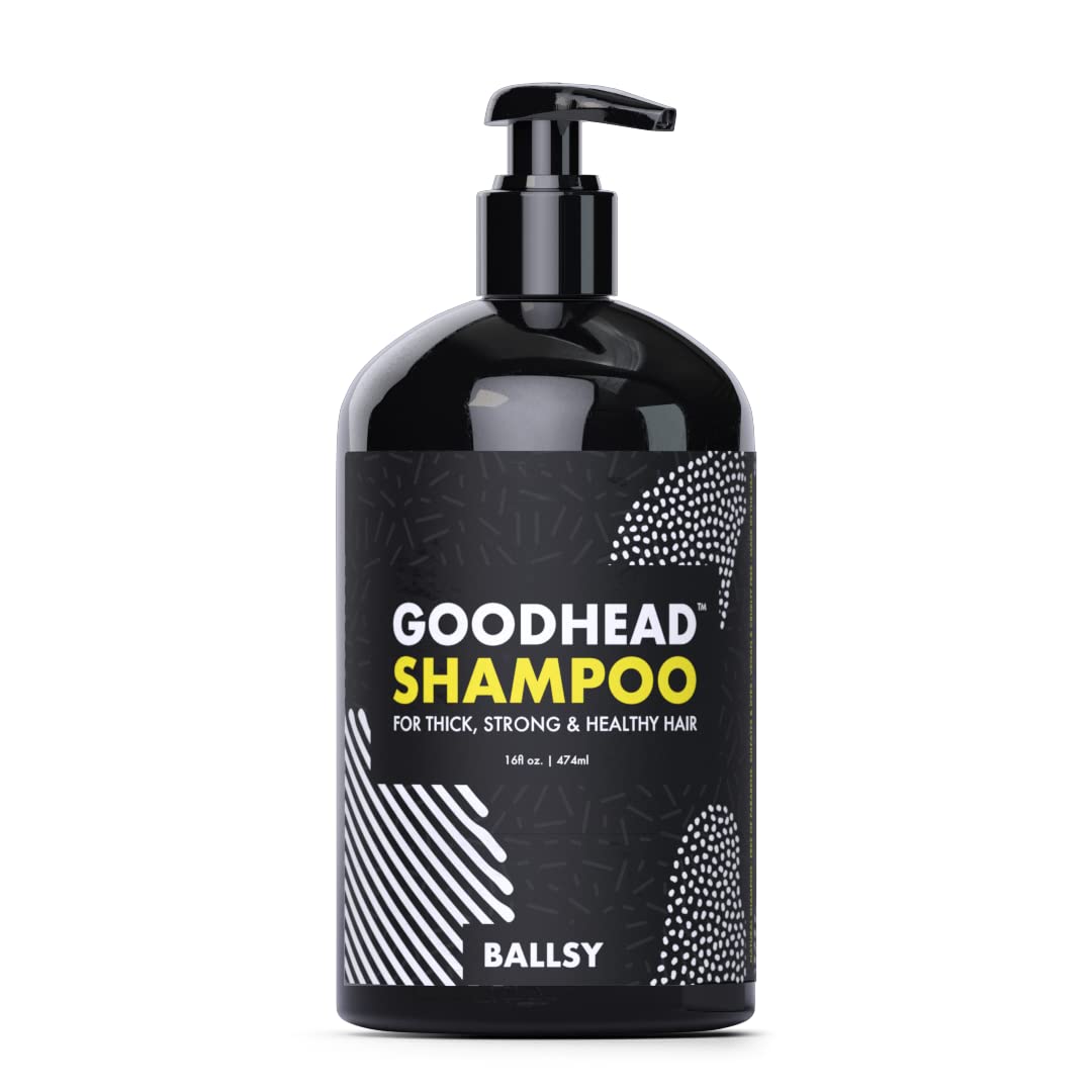 Ballsy Goodhead Shampoo bottle being poured for a refreshing cleanse with tea tree scent