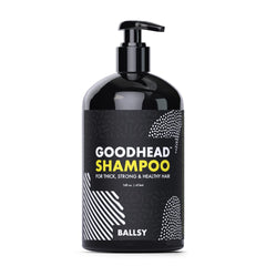 Ballsy Goodhead Shampoo bottle being poured for a refreshing cleanse with tea tree scent