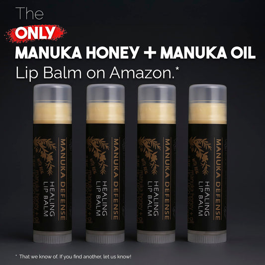 Close-up of Manuka label highlights natural ingredients for soothing lip care