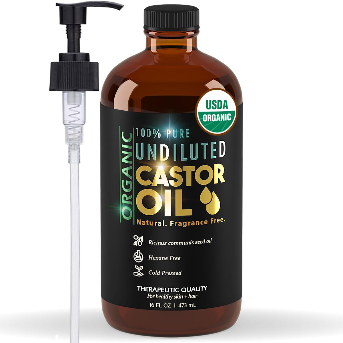 BALM OF GILEAD organic castor oil bottle with pump for easy skin hydration.