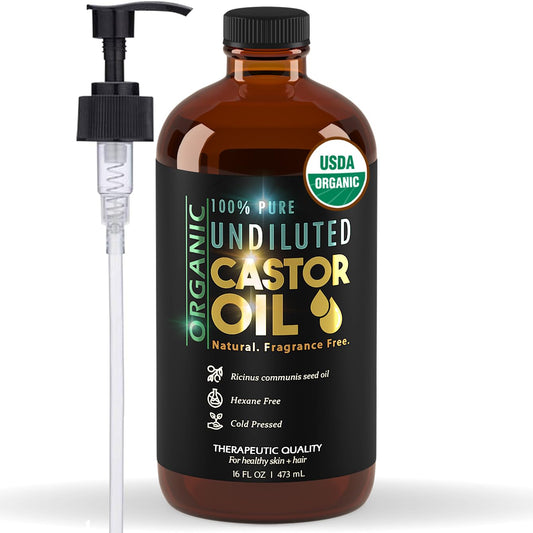 BALM OF GILEAD organic castor oil bottle with pump for easy skin hydration.