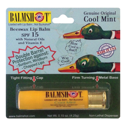Balmshot Cool Mint lip balm in a yellow shotgun shell for outdoor lip protection