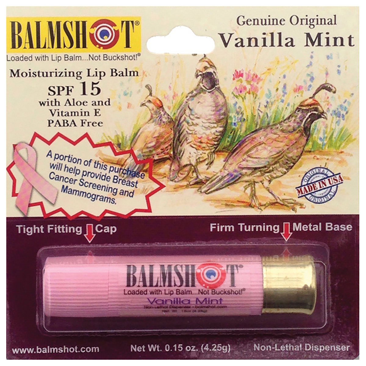 Balmshot Lip Balm Pink in shotgun shell provides all-day moisture outdoors and indoors, SPF 15.
