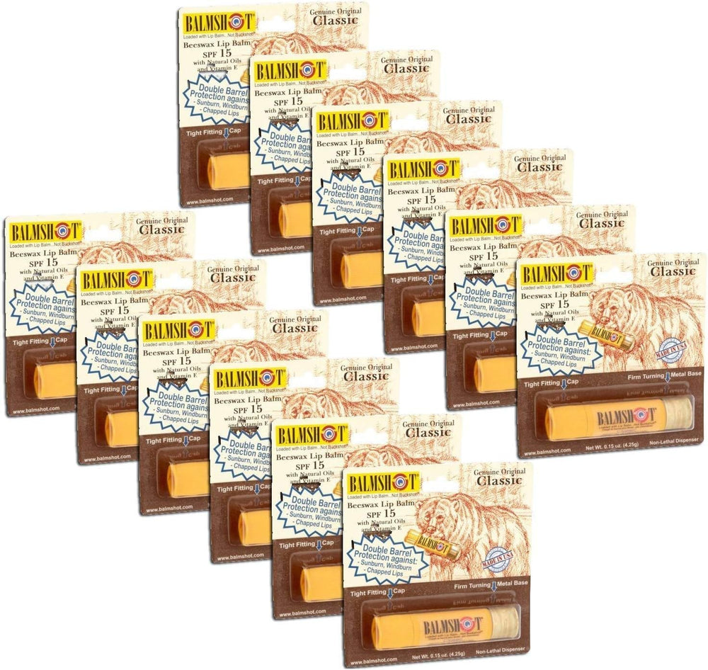 Balmshot pack shotgun-shell balm tube, rugged lip care for outdoors.