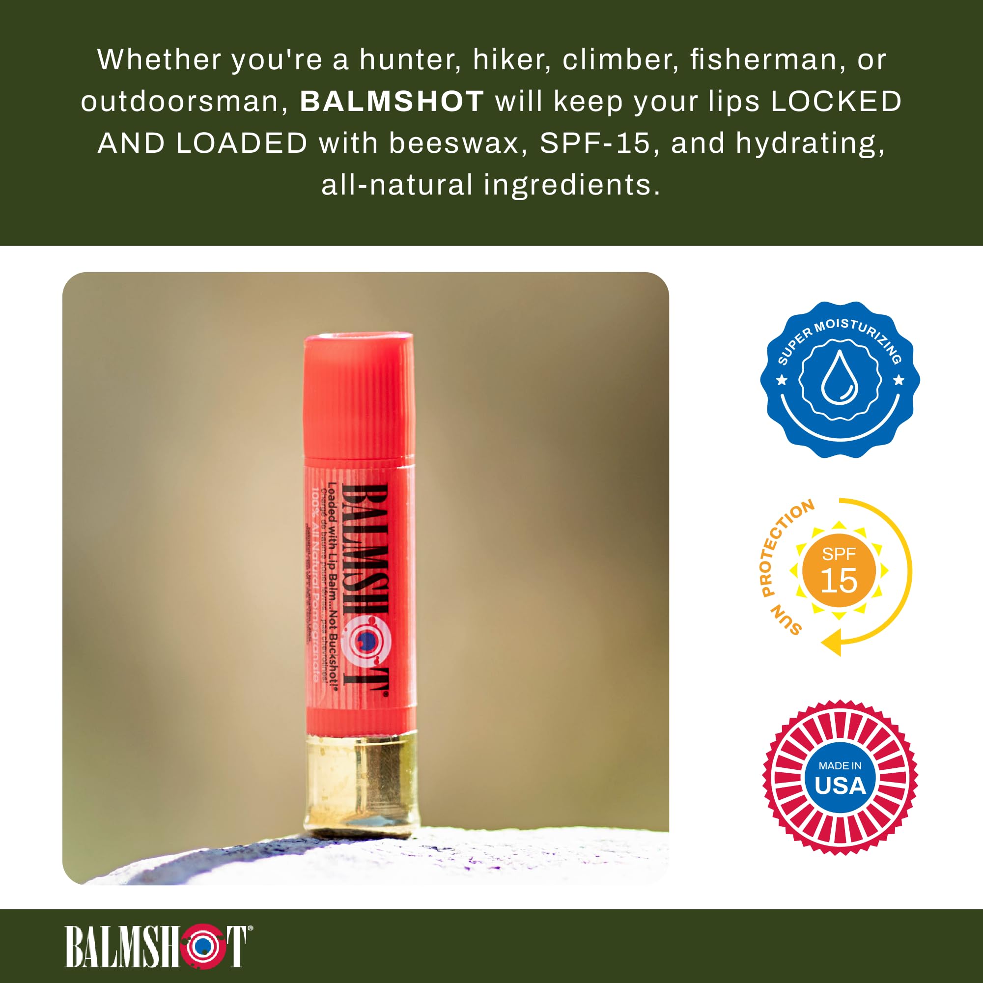 Balmshot pomegranate lip balm tube ready for on-the-go reapplication.