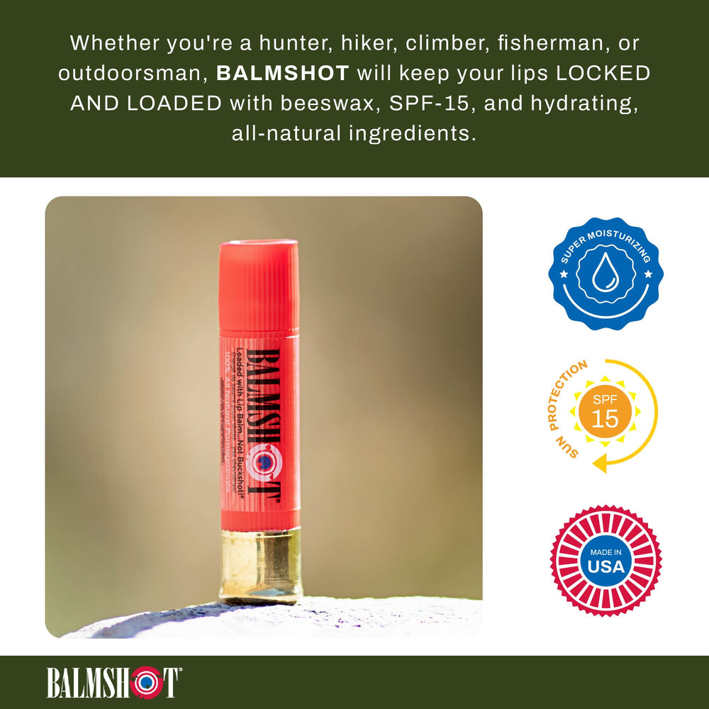 Balmshot pomegranate lip balm tube ready for on-the-go reapplication.