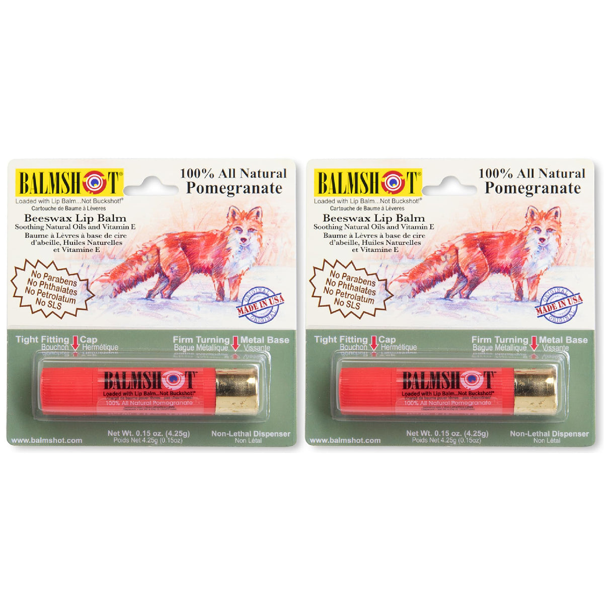 Balmshot pomegranate lip balm two-pack, smooth hydration for dry lips.