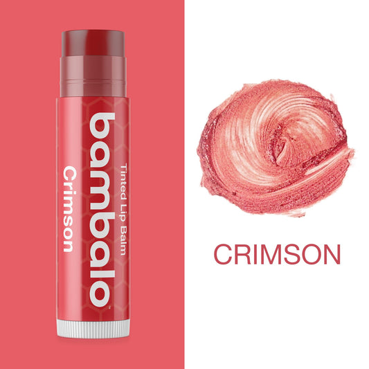 Bambalo Crimson tinted lip balm application close-up for smooth, hydrated lips