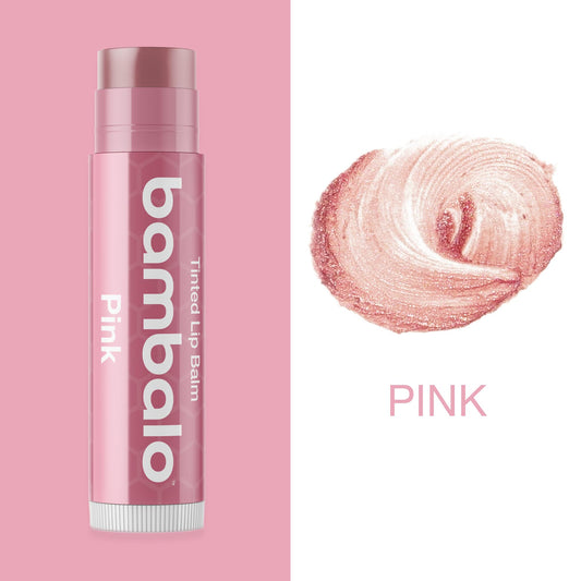 Bambalo pink tinted lip balm application close-up shows moisturized lips.