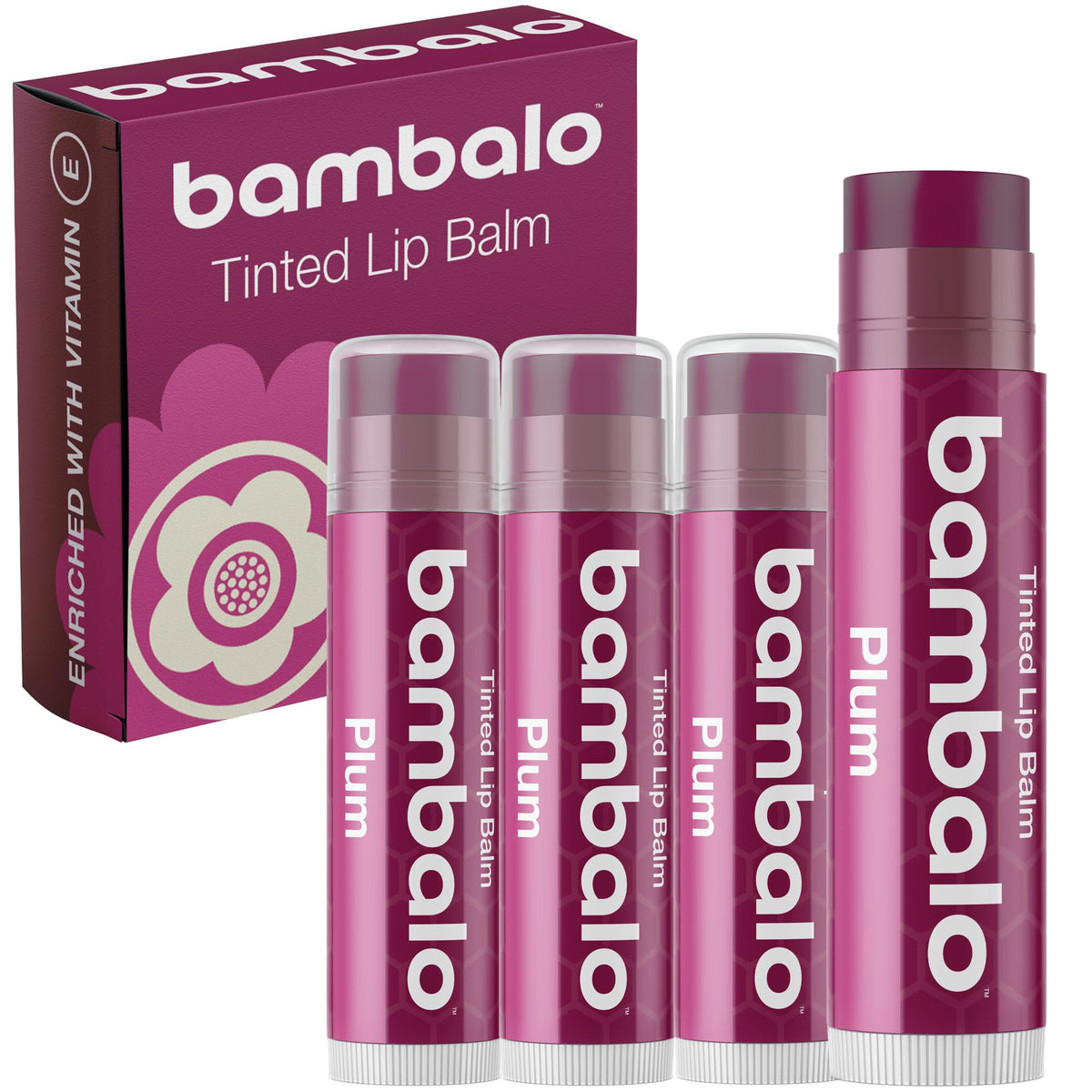 Bambalo Plum tinted lip balm 4-pack pack shot for natural color and hydration.