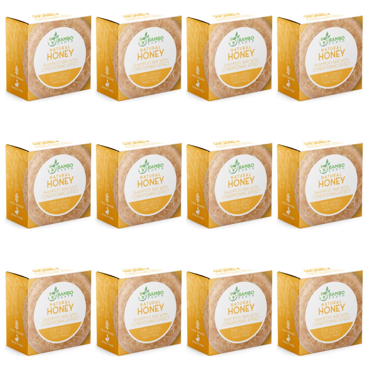 BAMBOEARTH solid shampoo bar 12-pack with honey scent promotes eco-friendly care.