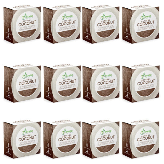 BAMBOEARTH solid shampoo bar coconut-pack display for travel-ready, eco-friendly hair care.