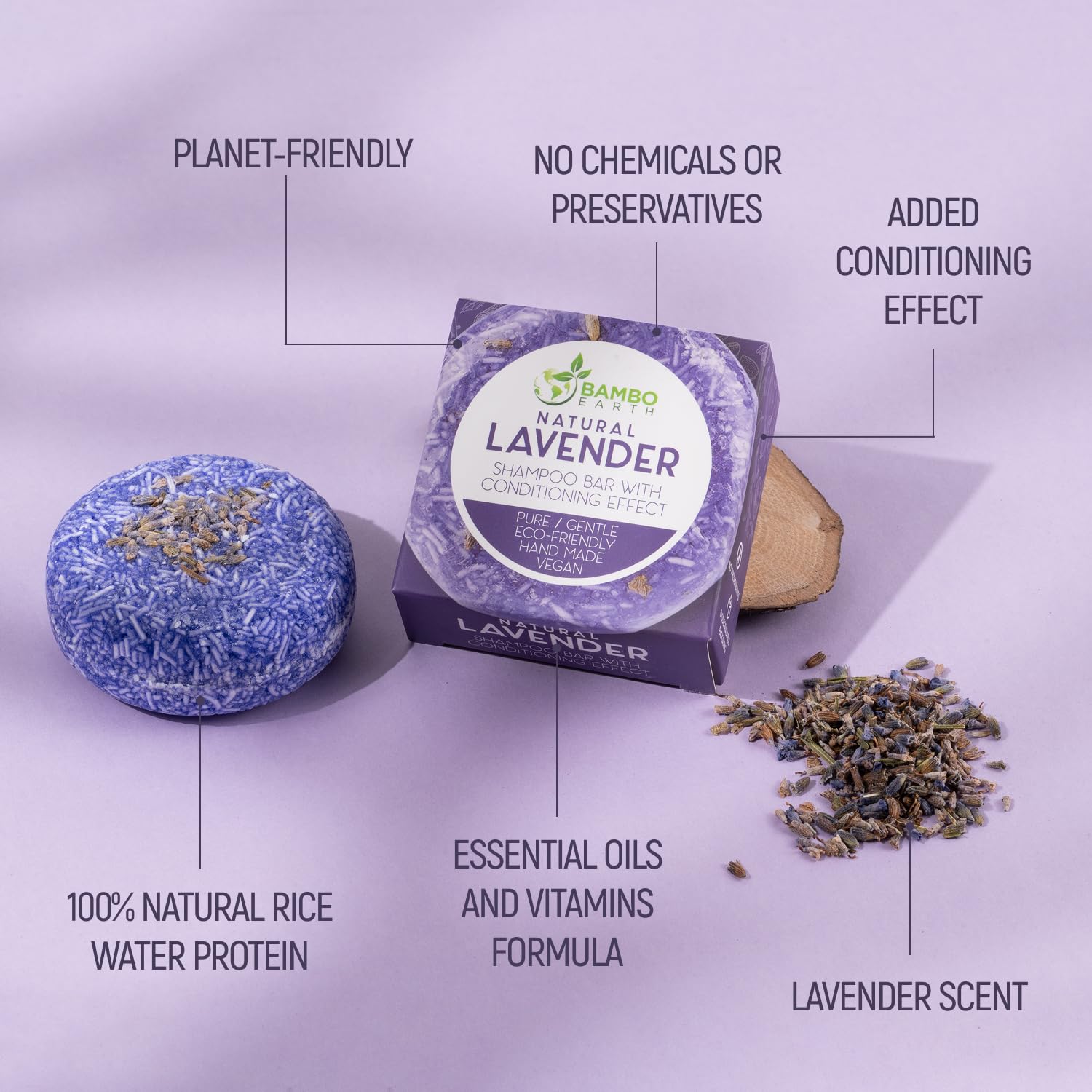 BAMBOEARTH lavender solid bar in travel pack, ready for on-the-go hair care.