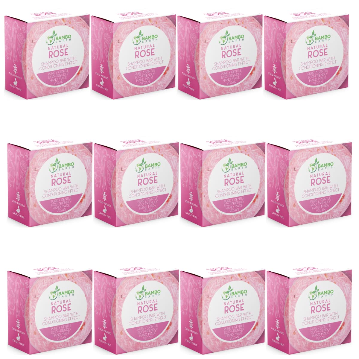 BAMBOEARTH solid shampoo rose pack-12 closeup shows natural ingredients for daily cleansing.