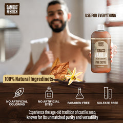 Bamboo and Birch Castile Soap liquid used for body, face, and hair with options.