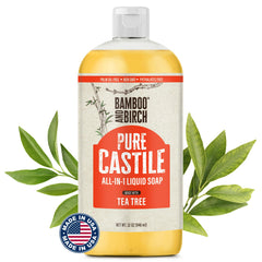 Bamboo and Birch Pure Castile Soap Liquid Tea Tree bottle showing gentle cleansing for sensitive skin