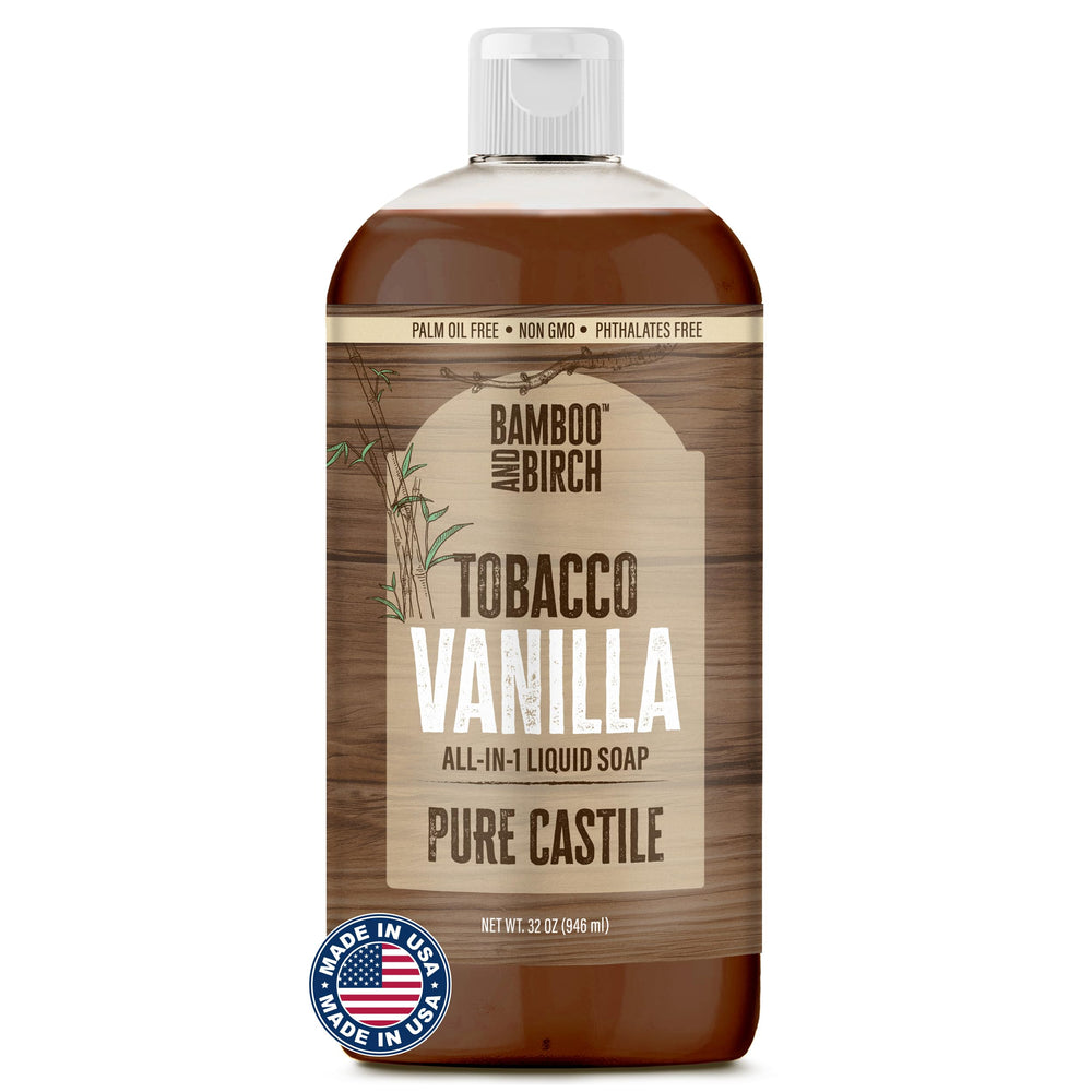 Bamboo and Birch Pure Castile Soap bottle with tobacco vanilla; gentle, multi-use cleaner.
