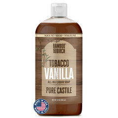 Bamboo and Birch Pure Castile Soap bottle with tobacco vanilla; gentle, multi-use cleaner.