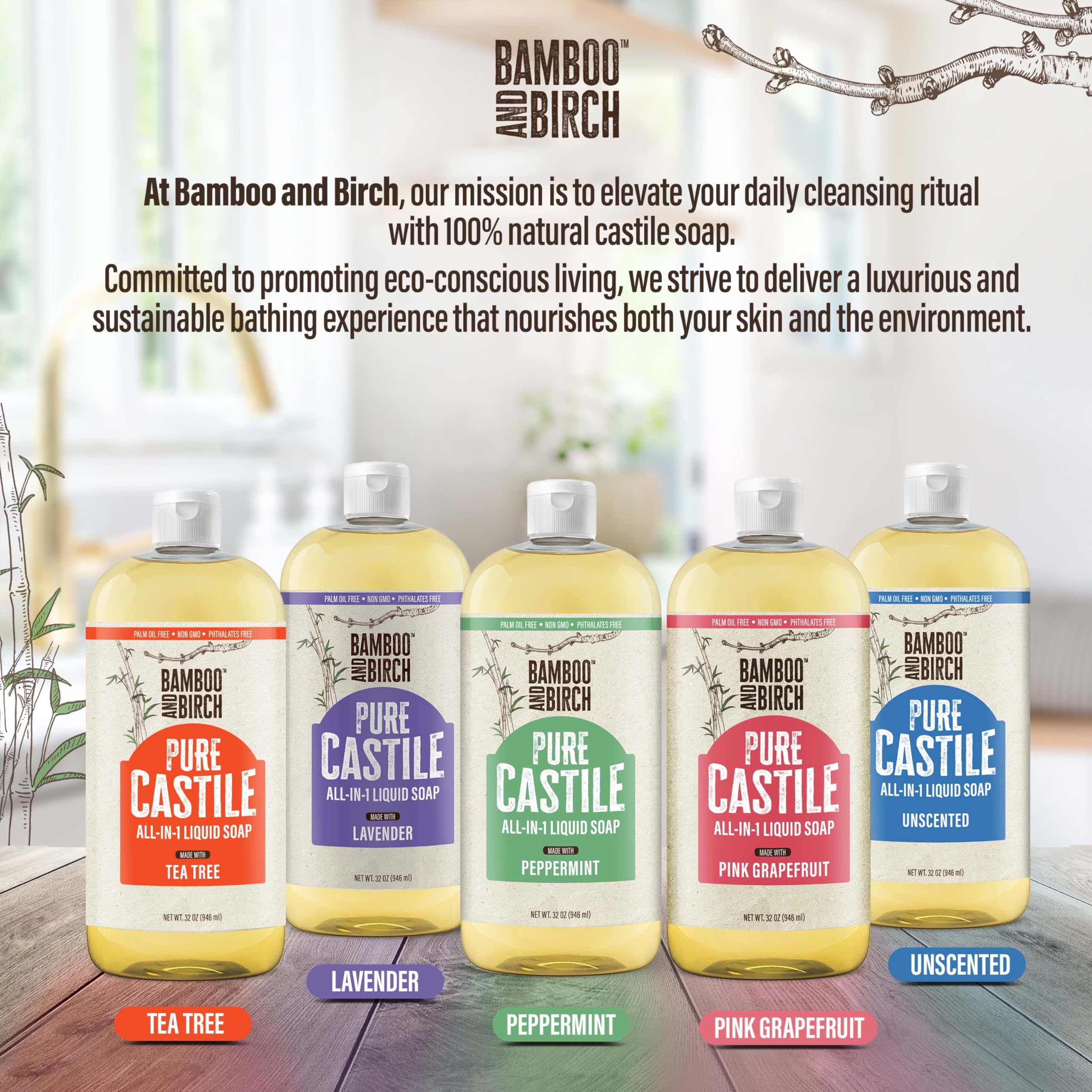 Eco-friendly recyclable refillable bottle for Bamboo and Birch Castile Soap Liquid