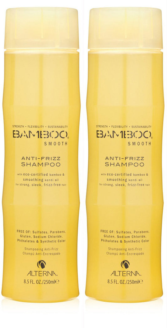 Bamboo Smooth Anti-Frizz Shampoo bottle demonstrates frizz control and smoothness for everyday hair
