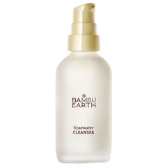 BAMBU EARTH Rosewater Face Cleanser bottle close-up highlighting hydrating daily skincare.