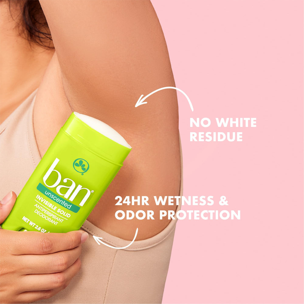 Ban Invisible Solid application on underarm delivers clear, residue-minimizing protection.