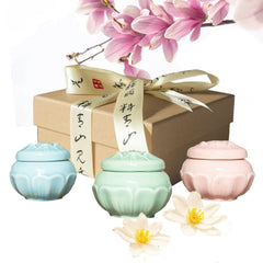 Banami solid perfume trio in ceramic bottle with lotus design, premium storage and scent on skin.