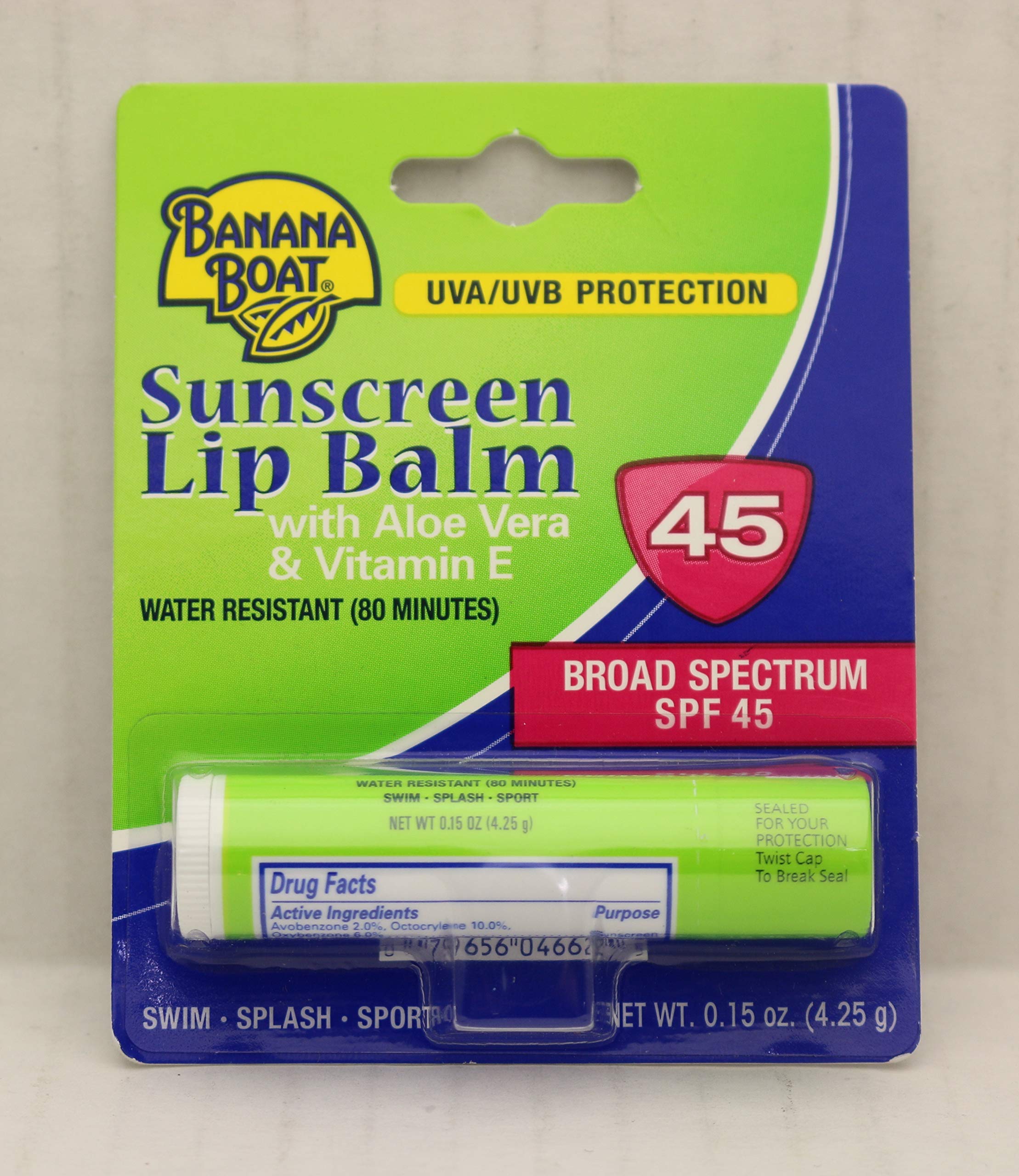 Banana Boat Aloe Vera Lip Balm SPF 45 packaging emphasizes compact travel size