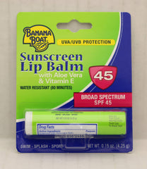 Banana Boat Aloe Vera Lip Balm SPF 45 packaging emphasizes compact travel size