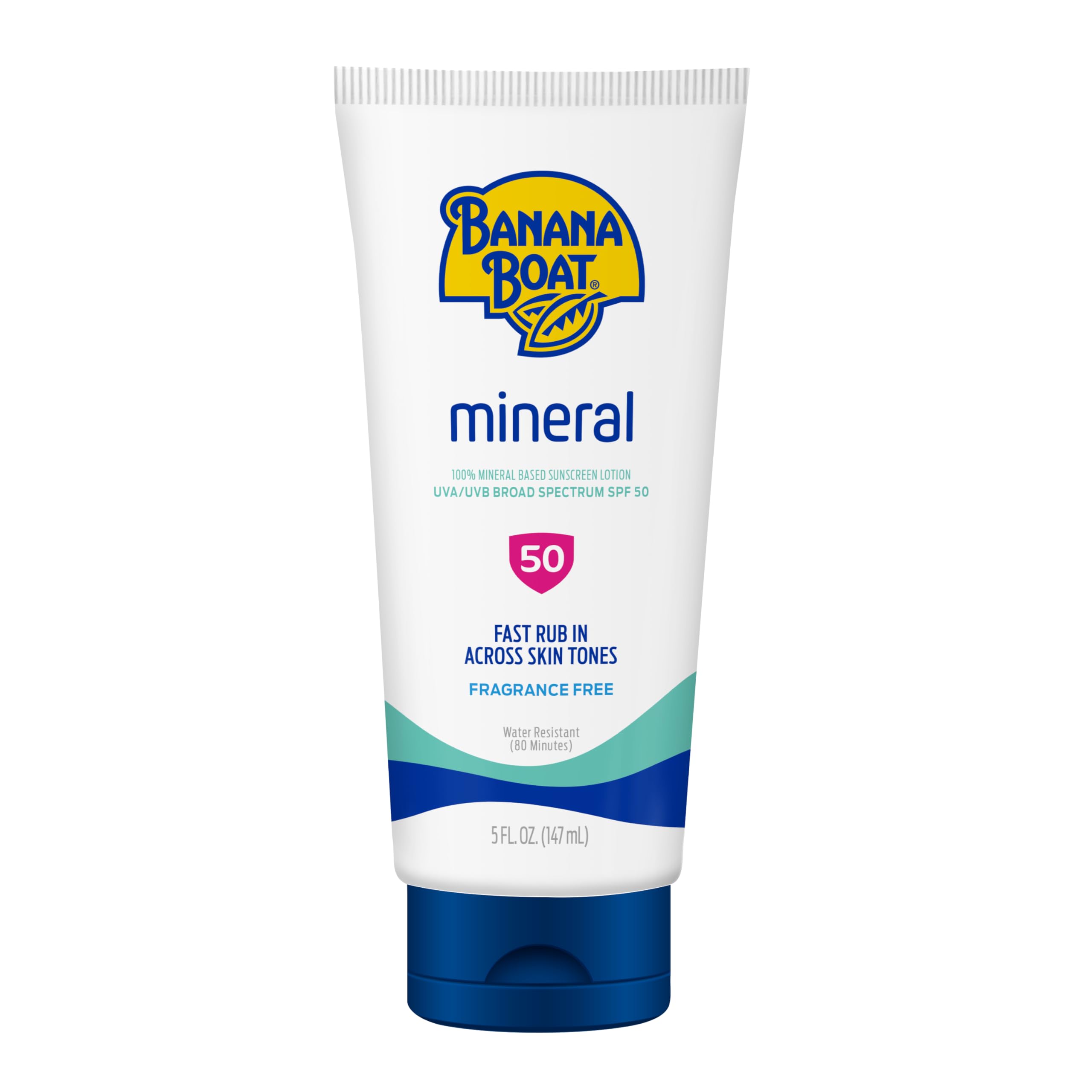 Banana Boat Mineral SPF 50 lotion front label with 5 oz, broad protection