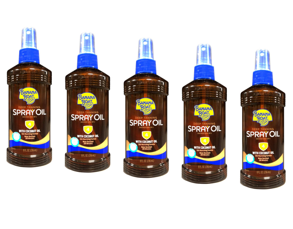 Banana Boat Deep Tanning Spray bottle with coconut oil for deeper tan and moisturized skin.