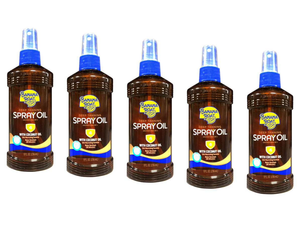 Banana Boat Deep Tanning Spray bottle with coconut oil for deeper tan and moisturized skin.