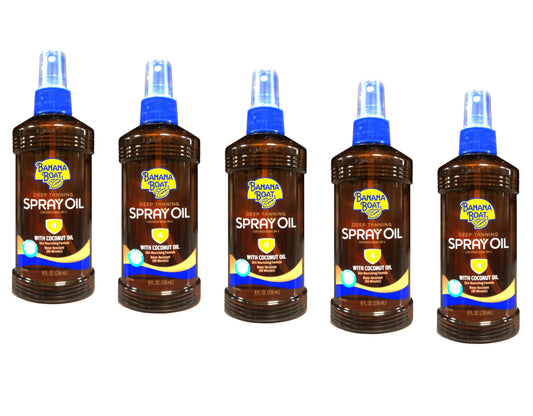 Banana Boat Deep Tanning Spray bottle with coconut oil for deeper tan and moisturized skin.
