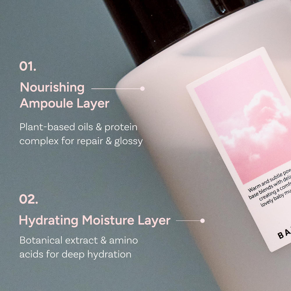 Frizz-control shot of BANANAL serum mist on smooth hair
