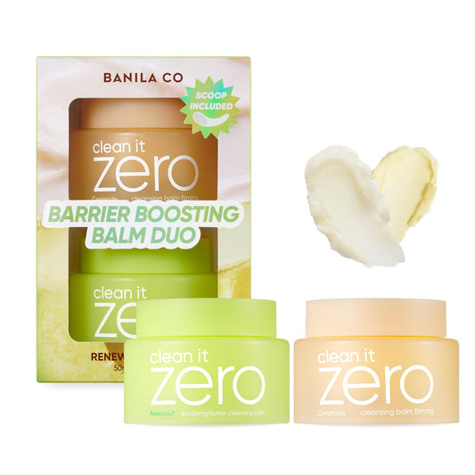 BANILA CO Clean it Zero Barrier Boosting Balm Duo packaging on display for dry skin care