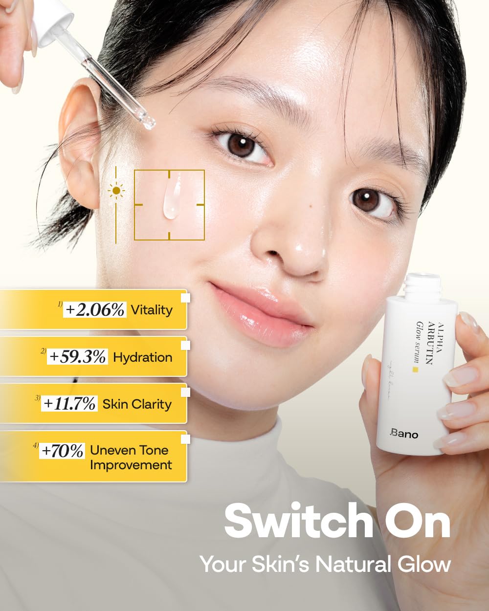 Close-up of Bano Glow Serum texture showing lightweight, watery formula.