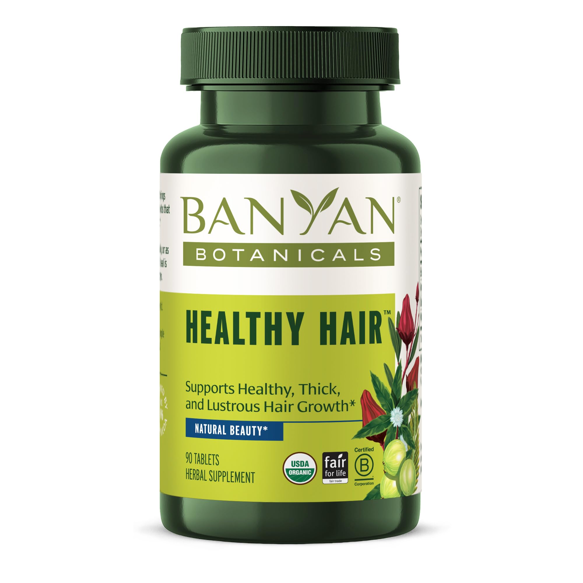 Banyan Botanicals Healthy Hair Tablets bottle front, showcasing vegan formula for hair care.