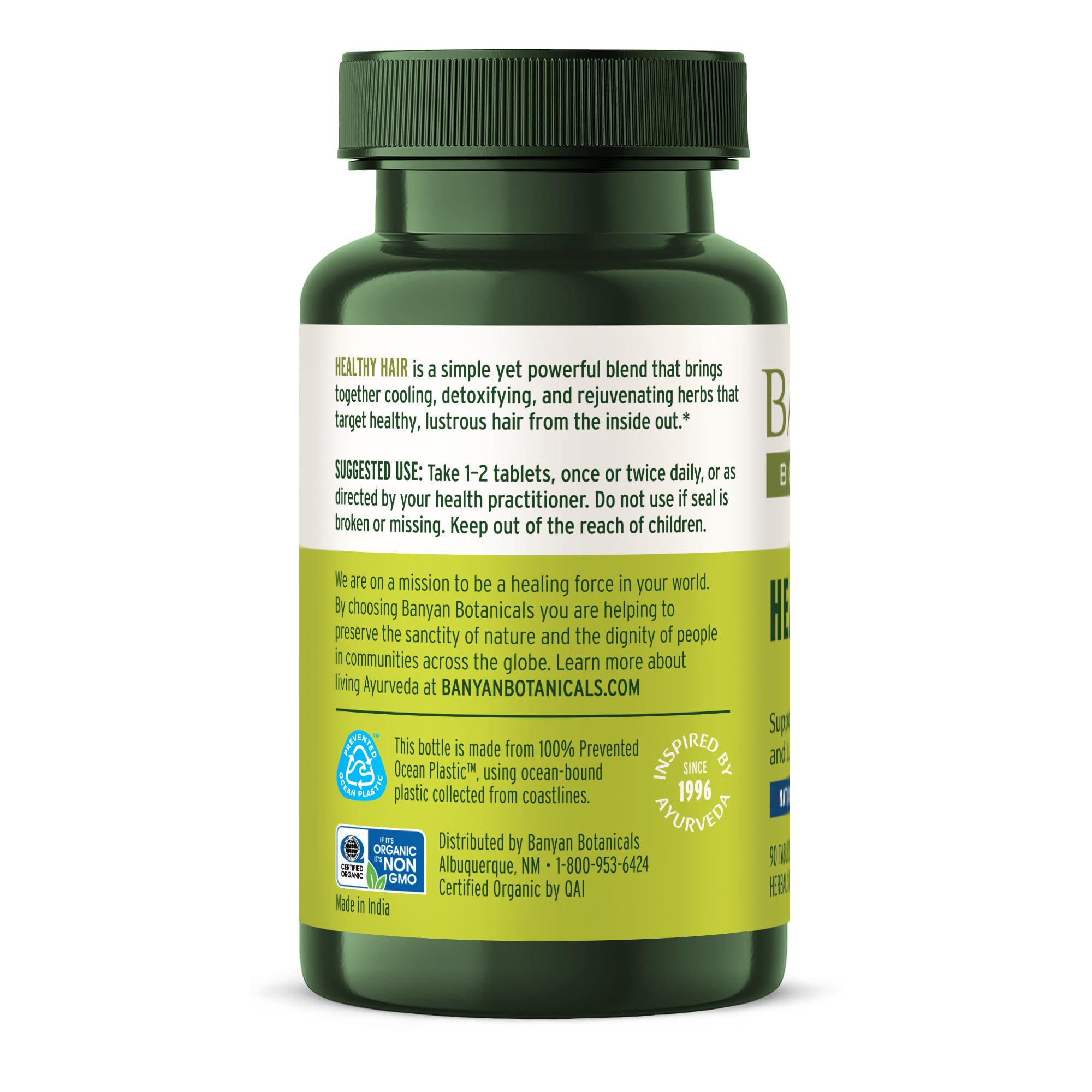 Banyan Botanicals Healthy Hair Tablets lifestyle shot with routine setup.