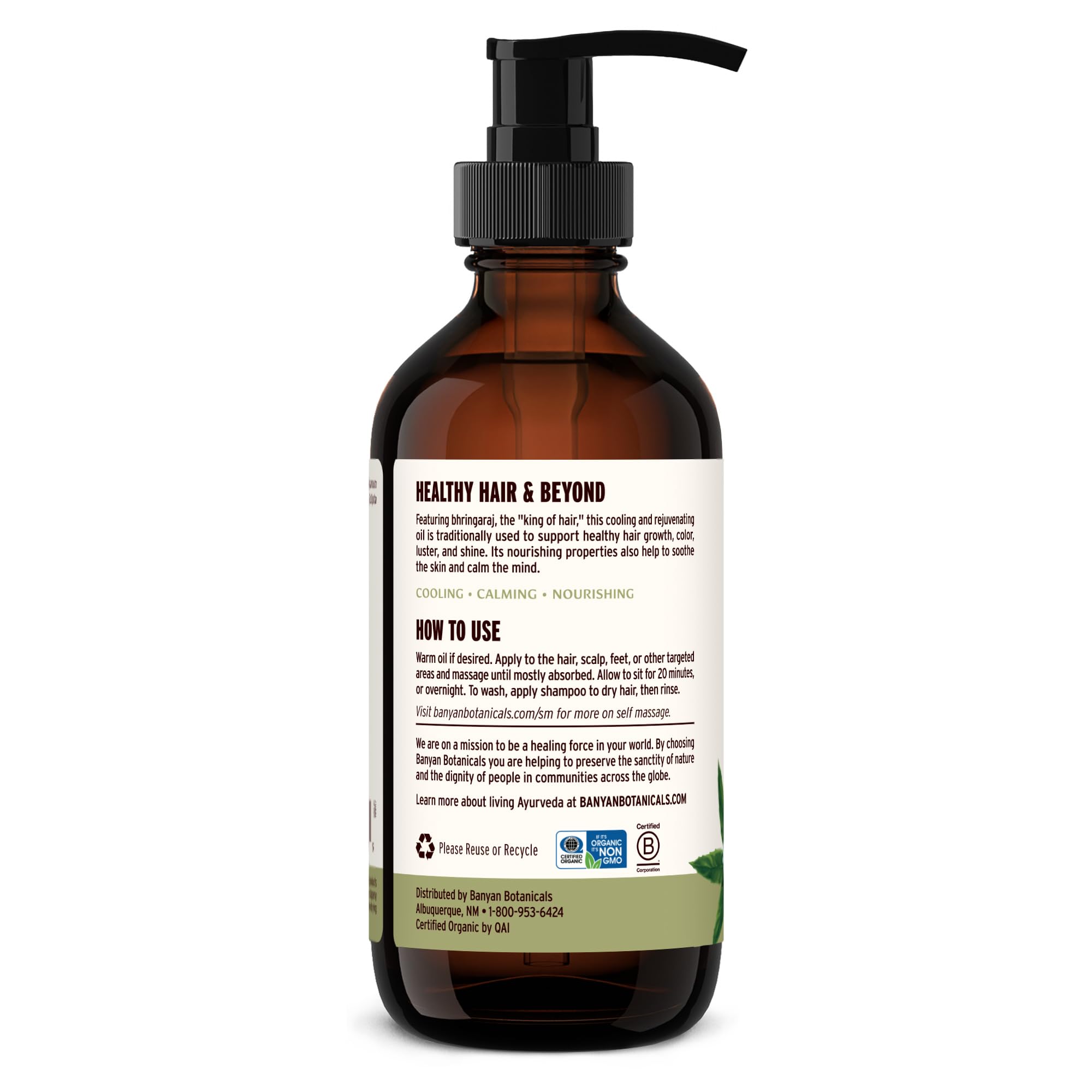 Banyan Botanicals Bhringaraj Oil application tip for soothing scalp massage.