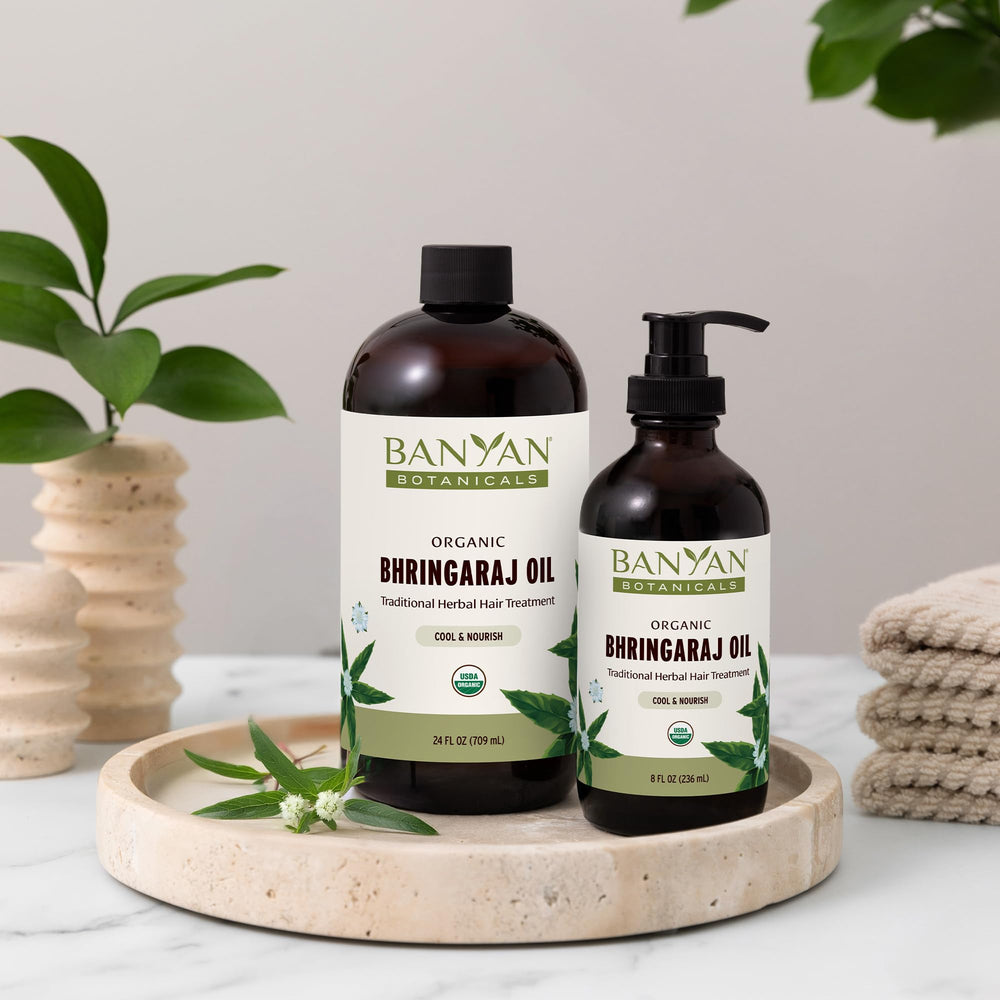 Banyan Botanicals Bhringaraj Oil ingredients panel for clean, non-GMO care.