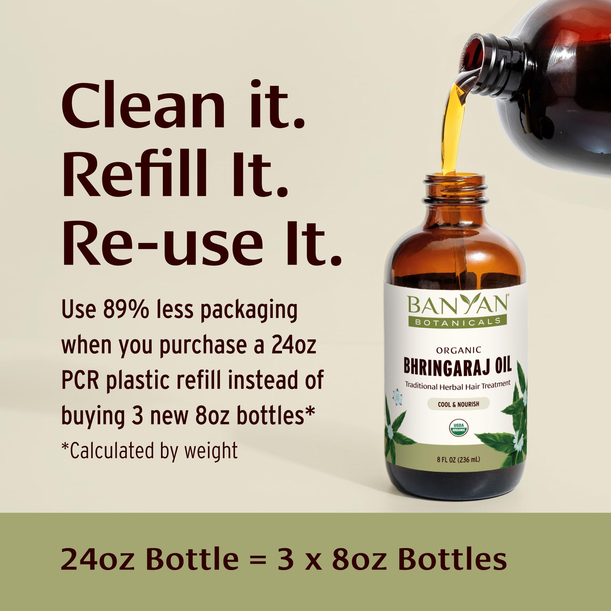 Banyan Botanicals Bhringaraj Oil new-pack packaging emphasizing sustainable sourcing.
